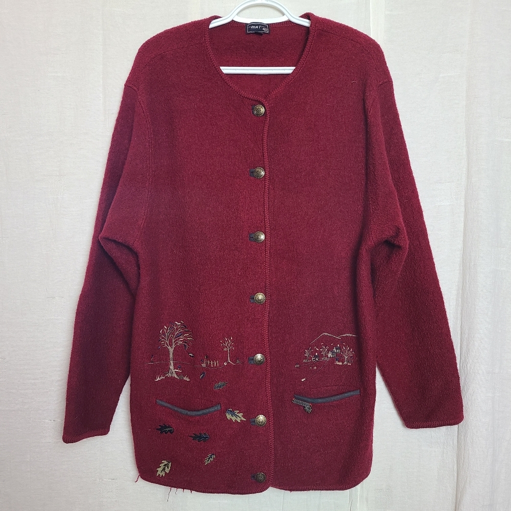 MAT Women's Vintage Red Pure Wool Embroidered Fall Grandma Cardigan Sweater